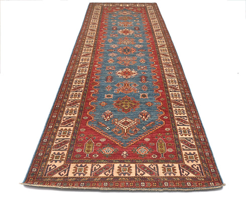 13 Feet Blue Red Kazak Afghan Hand Knotted Wool Runner Rug